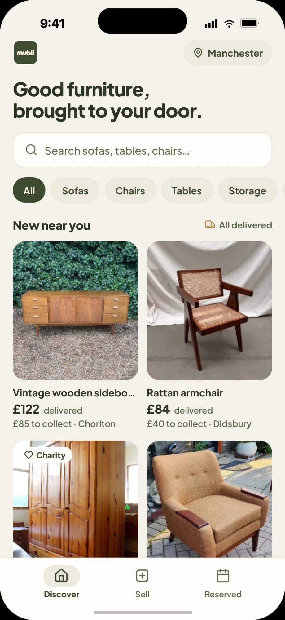 The Mubli Discover screen: second-hand furniture near you in Manchester, each piece showing a delivered price and a collection price.