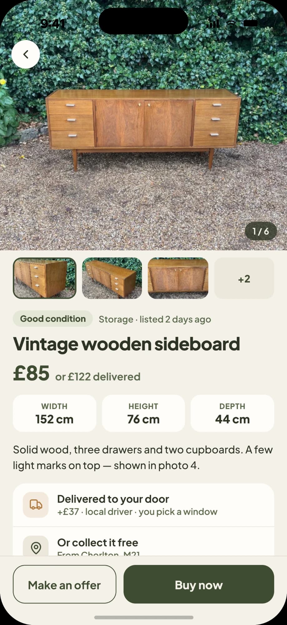 A Mubli listing for a vintage wooden sideboard, with its photos, measurements, description and delivery options.