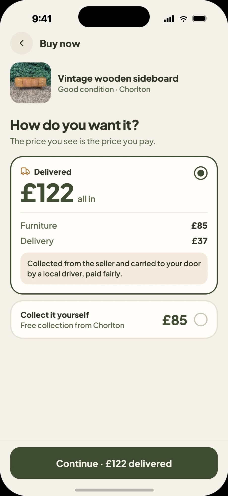 Choosing how to get an item: delivered, with the furniture and the delivery added up together, or collected yourself for the item price alone.