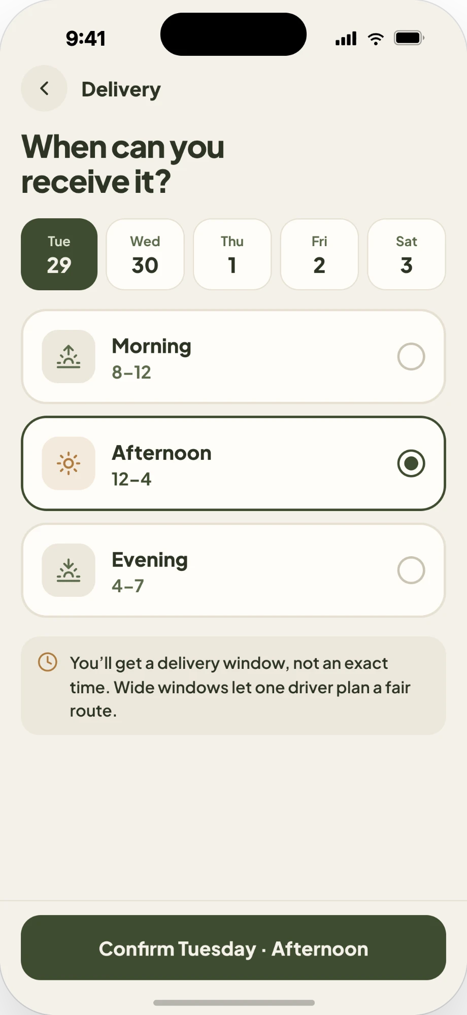 Choosing a delivery window: morning 8 to 12, afternoon 12 to 4, or evening 4 to 7.