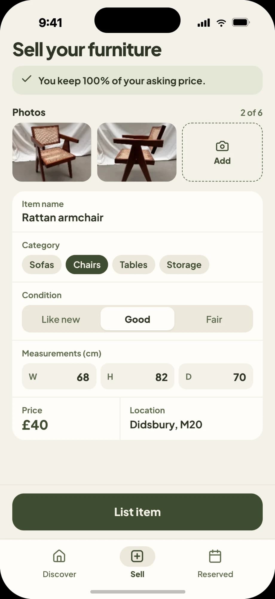 Listing furniture for sale: photos, the item's name, category, condition, measurements and price, under the line “You keep 100% of your asking price.”