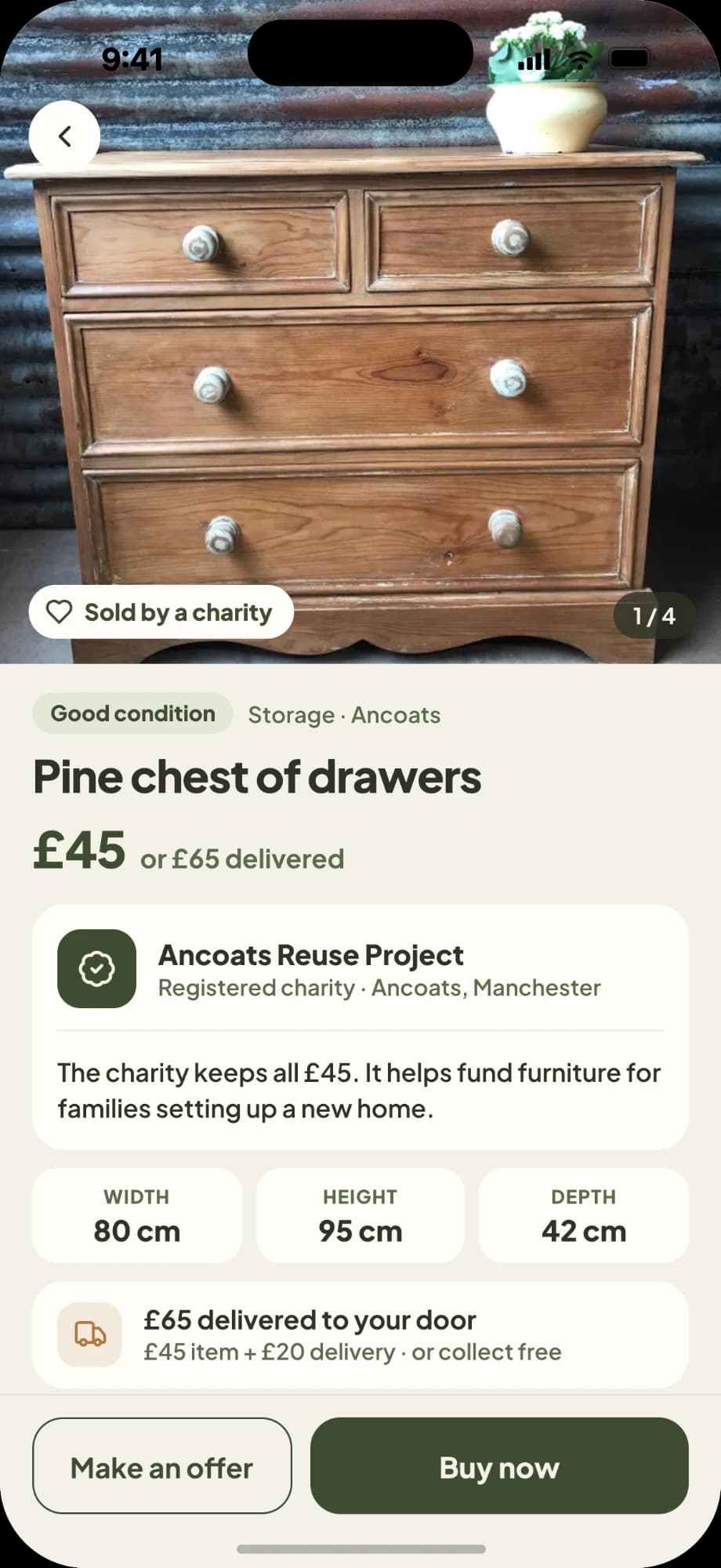 A charity listing for a pine chest of drawers, marked as sold by a registered charity, with its measurements and its delivered and collection prices.